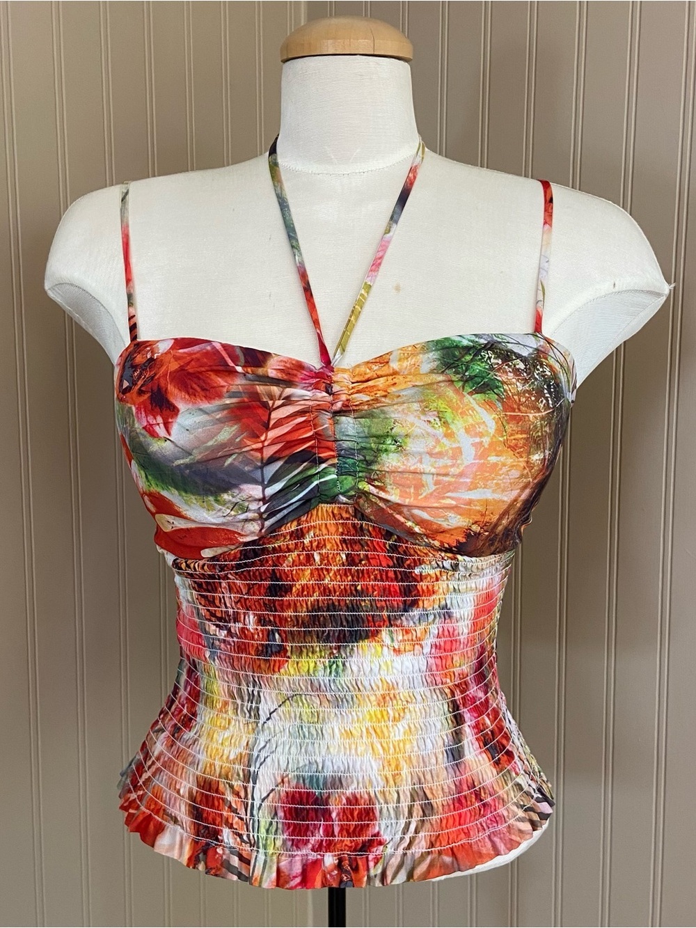 Guess Multi Colour Floral Smocked Halter Crop Tank Top Women’s Large